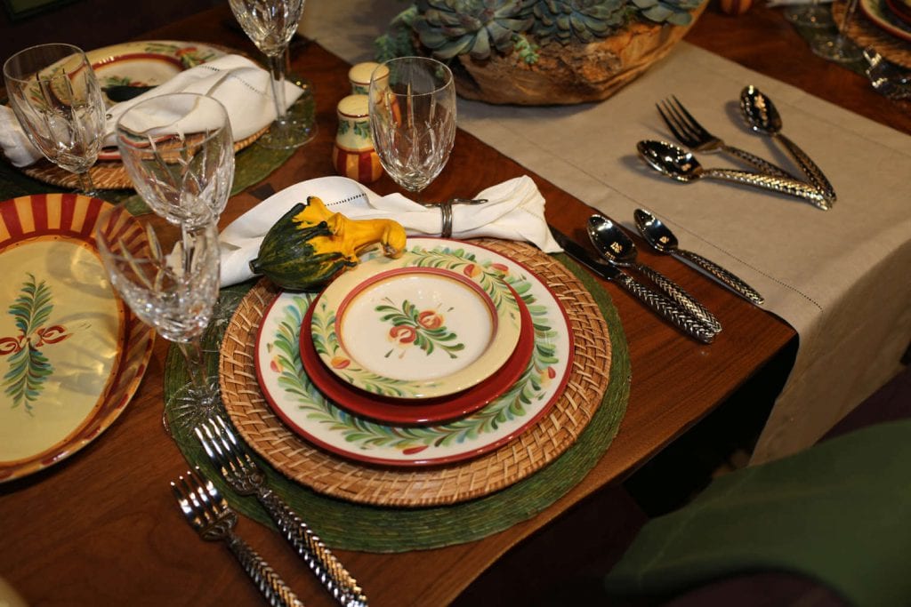 Fall gourd and rustic china place settings at Art of The Table.