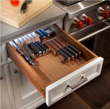 Rutt Cabinetry solid walnut drawer with built-in knife storage