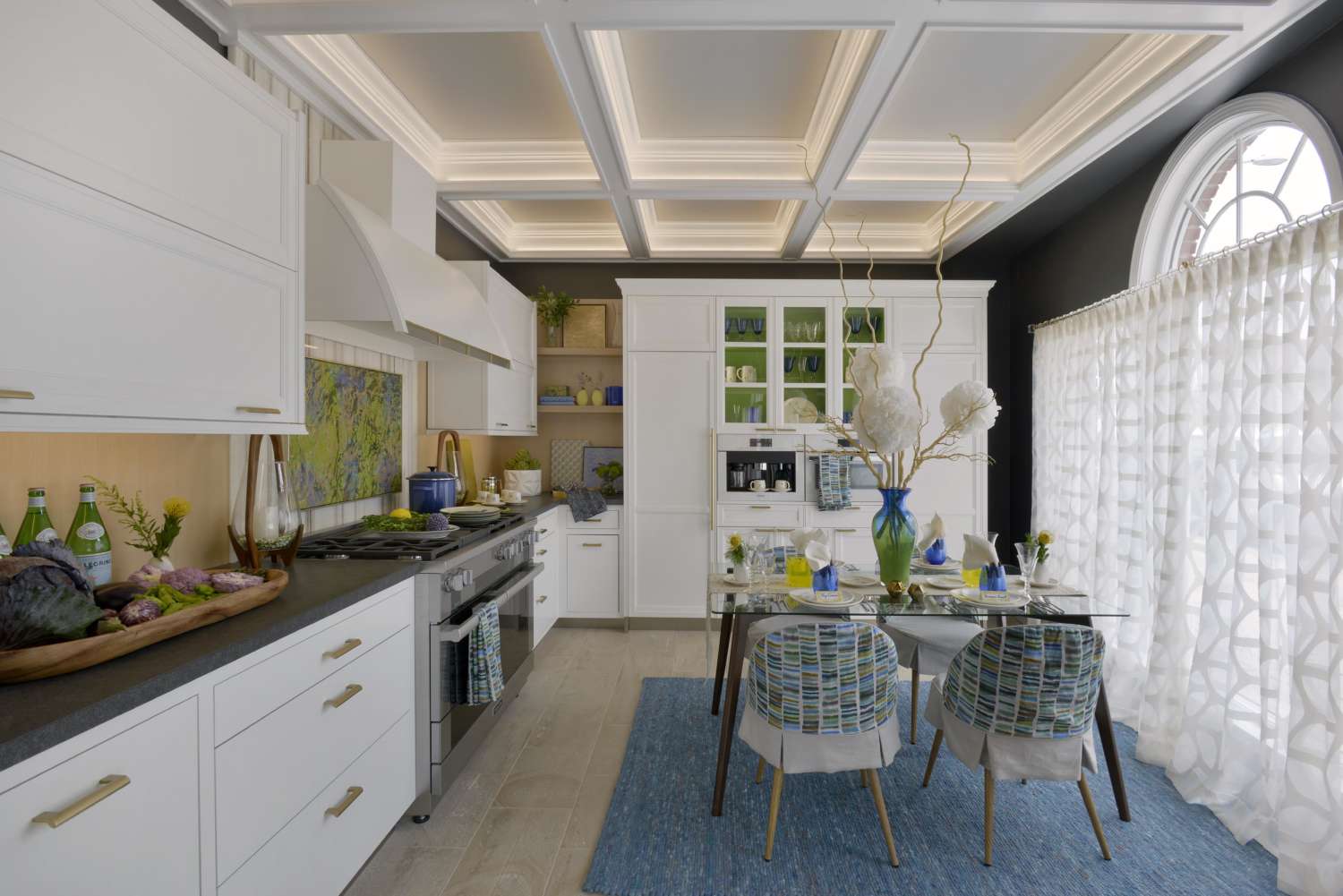 White cabinetry has green interior