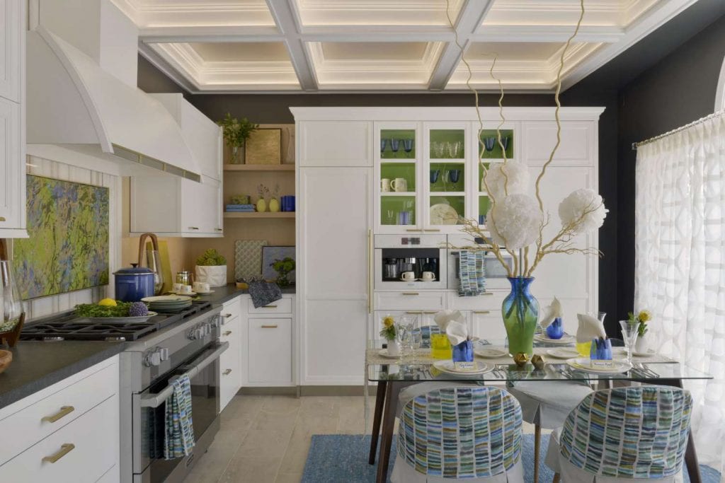 Spring green and cobalt blue contemporary interpretation of mid-century modern kitchen design by Jessica Jacobson.