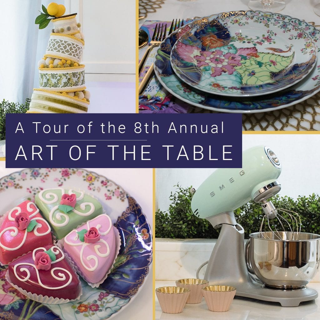Images from the 2018 Art of the Table - cakes and pastries, floral china, and a mint green Smeg stand mixer