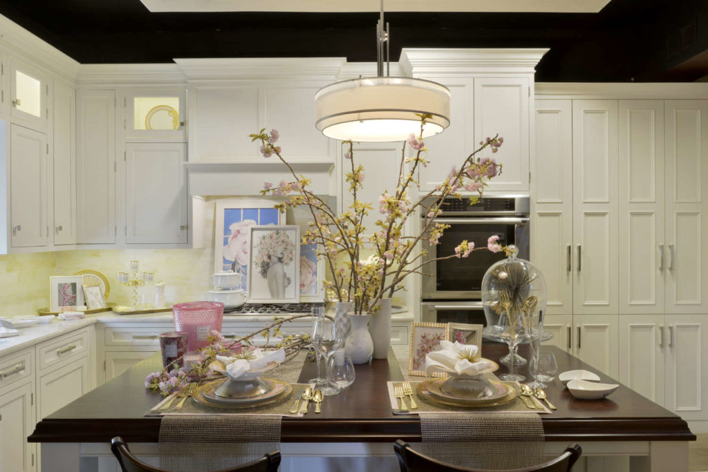 Lori Gizzarelli's luxe Art of the Table Kitchen in gold and pink.