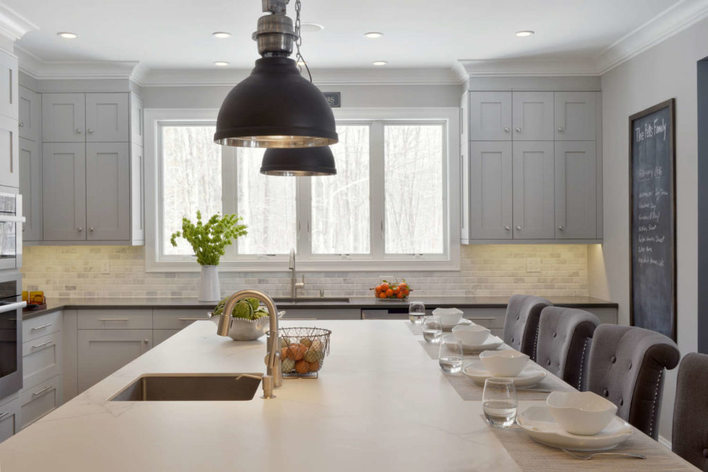 Grey Kitchen with large island with seating