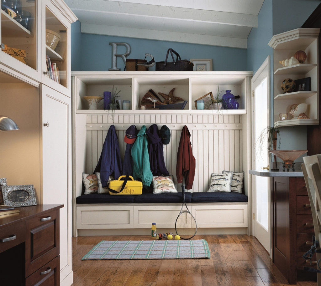 Mudroom with bench and wainscotting