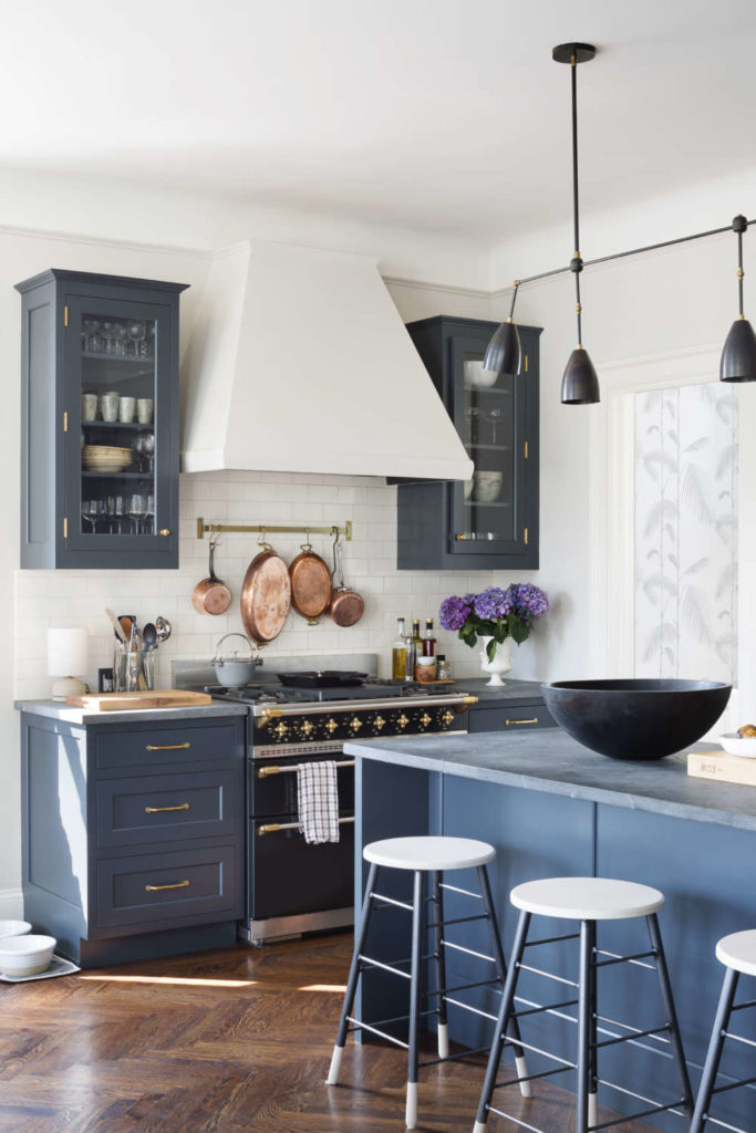 Traditional Blue Kitchen with brass hadware