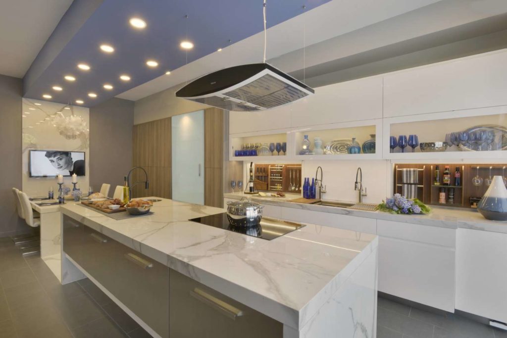 Contemporary Kitchen with dramatic dropped ceiling and recessed lighting