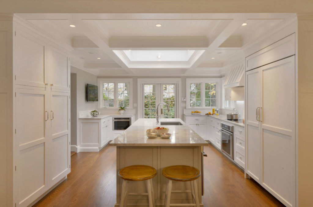 Traditional White Kitchen with coffered ceiling