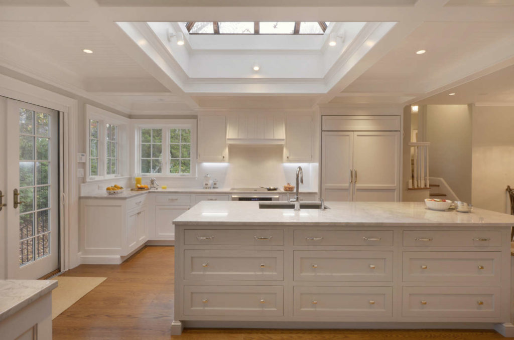Traditional White Kitchen with coffered ceiling and beadboard