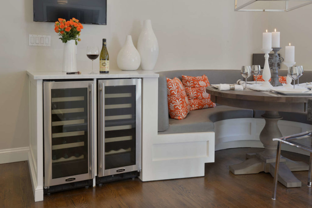 White Kitchen Banquette with Appliance Storage in Harrison, NY