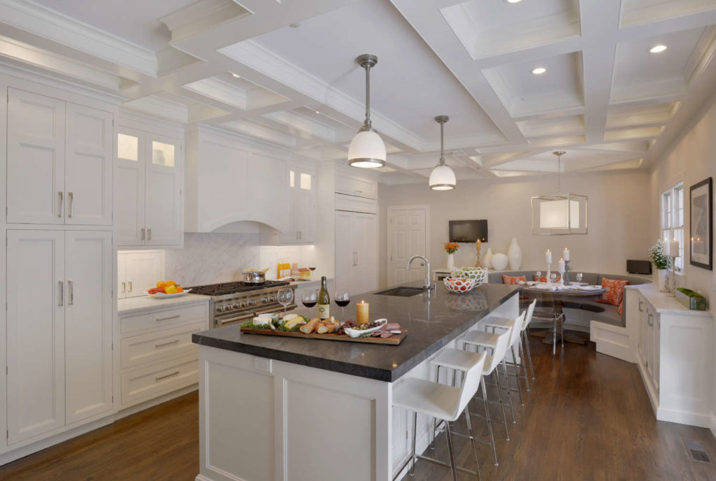 White Kitchen with coffered ceiling in Harrison, NY