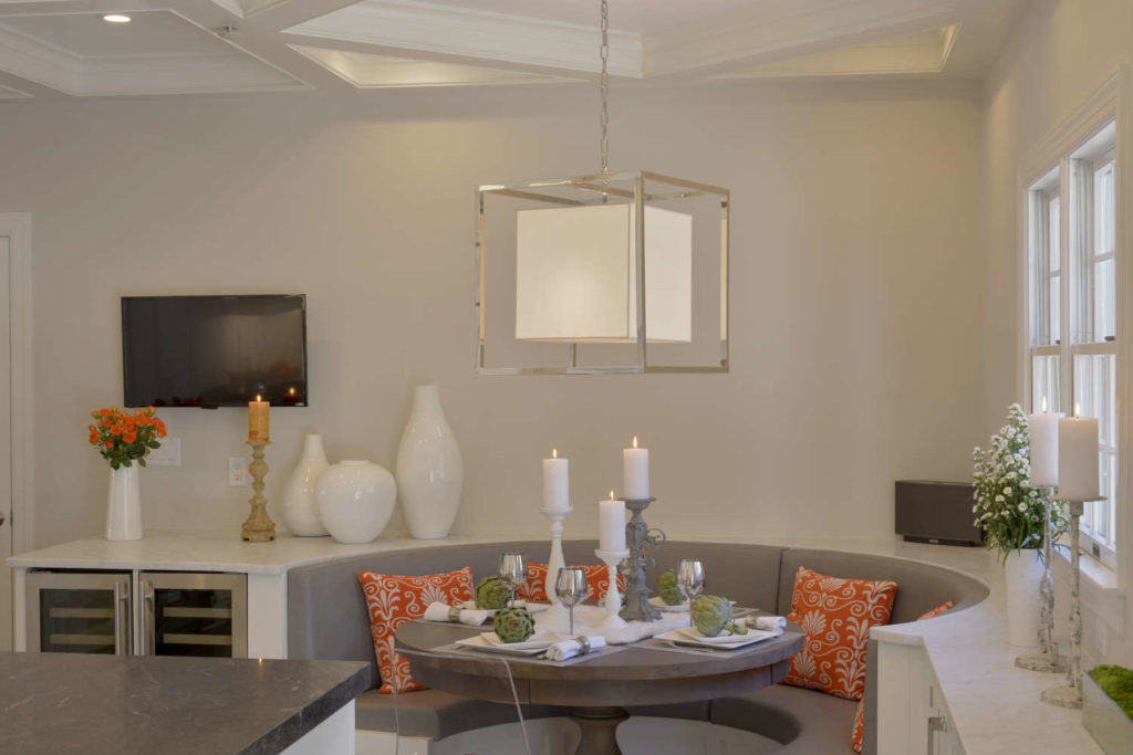 Harrison NY White Kitchen with grey banquette and coffered ceiling