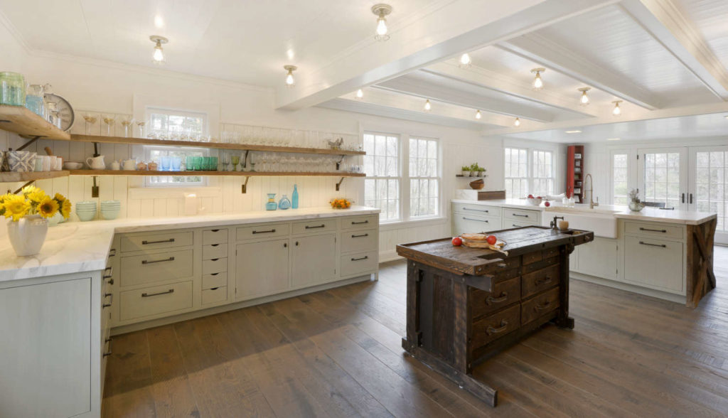 Farmhouse Kitchen with white beams and shiplap ceiling
