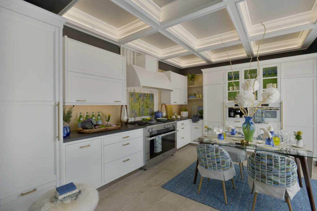 Traditional White Kitchen with Coffered Ceiling and blue and green accents