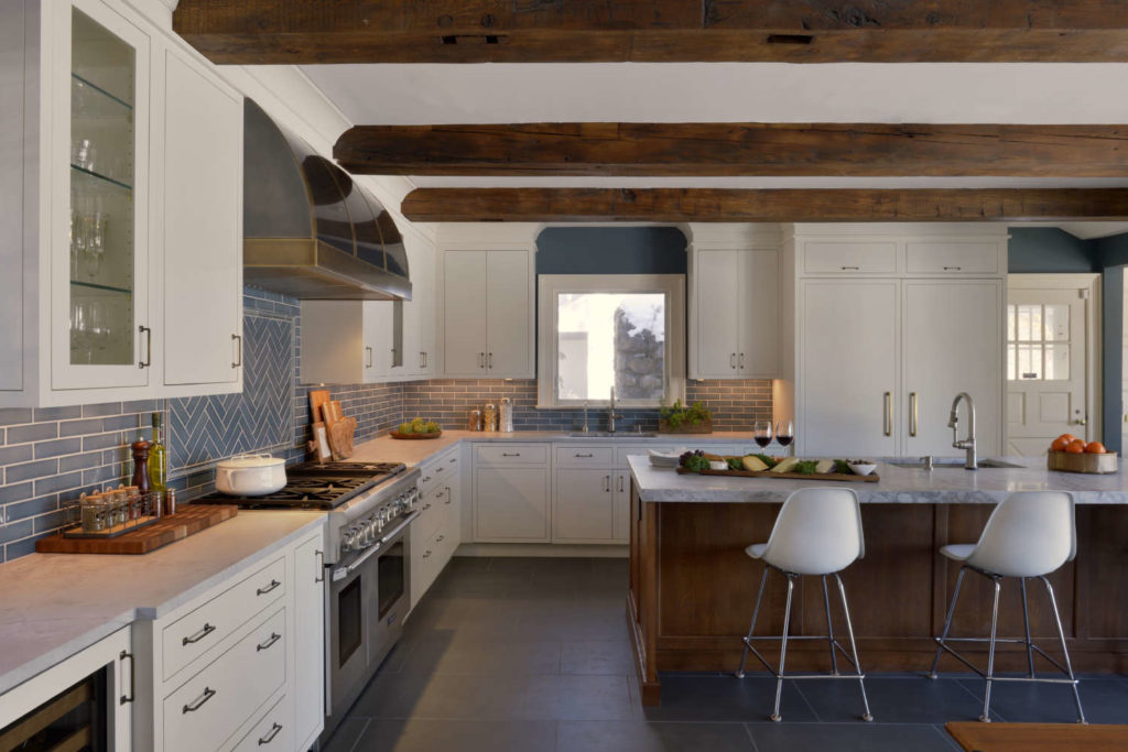Traditional White & Oak Kitchen with Wood Ceiling Beams