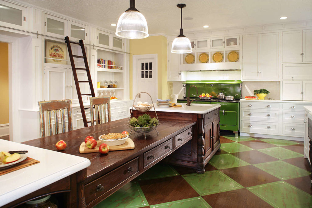 Wood and White Kitchen with Green and Brown Checkered Floor - New Jersey