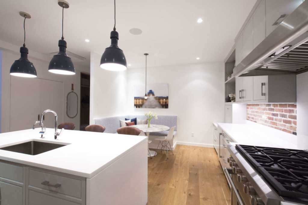 Brooklyn NY Pale Grey Kitchen with Black Pendant Lights