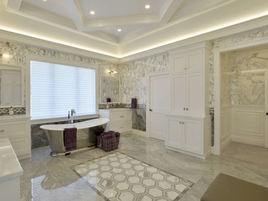 Bathroom with Coffered Ceiling with diamond shape centerpiece