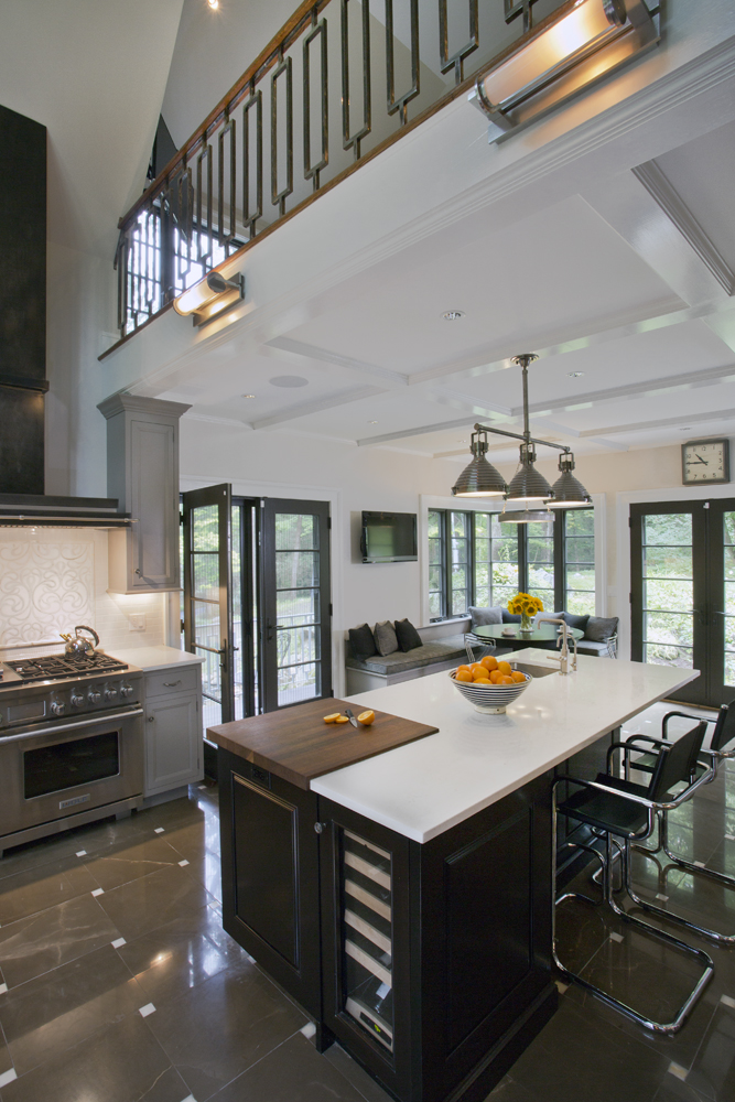 Traditional Grey & Black Kitchen with coffered ceiling and balcony