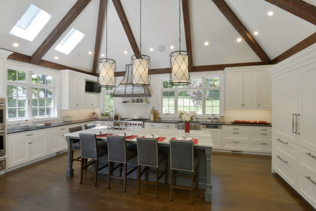 Traditional White & Grey Kitchen with Wood Ceiling Beams