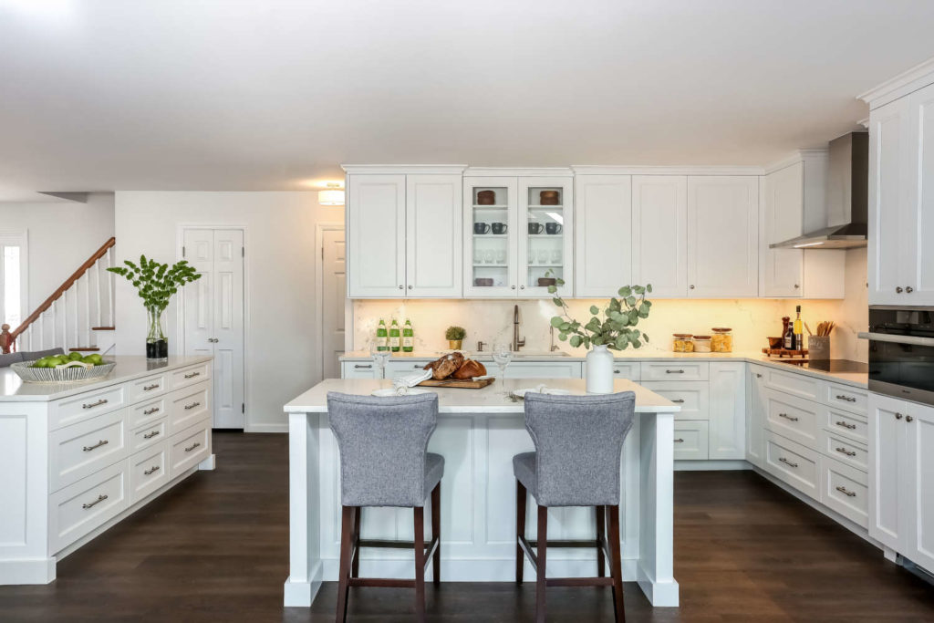 White Kitchen with Dual Islands in Yorktown, NY