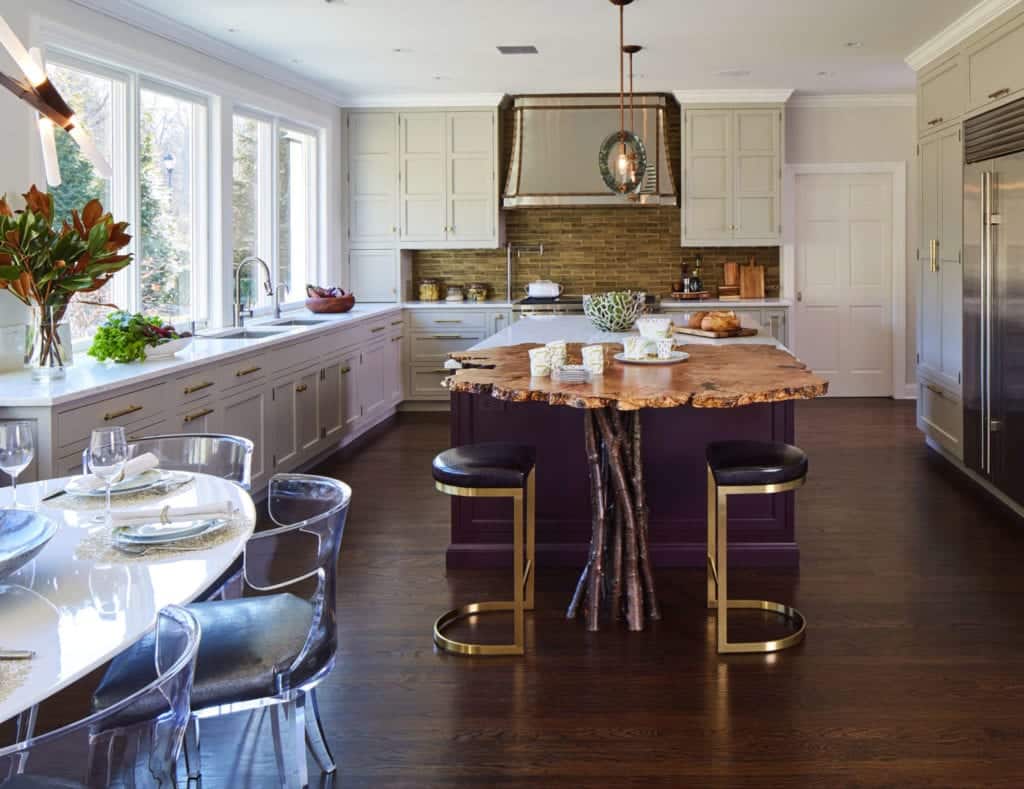 Purple and Pale Green Kitchen in Rye, NY features stool seating at live edge table