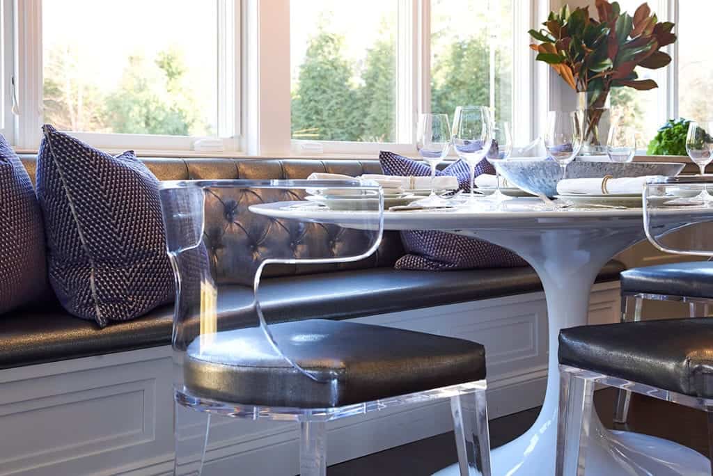 Kitchen Banquette Detail in Rye, NY - featuring a tulip table and lucite chairs