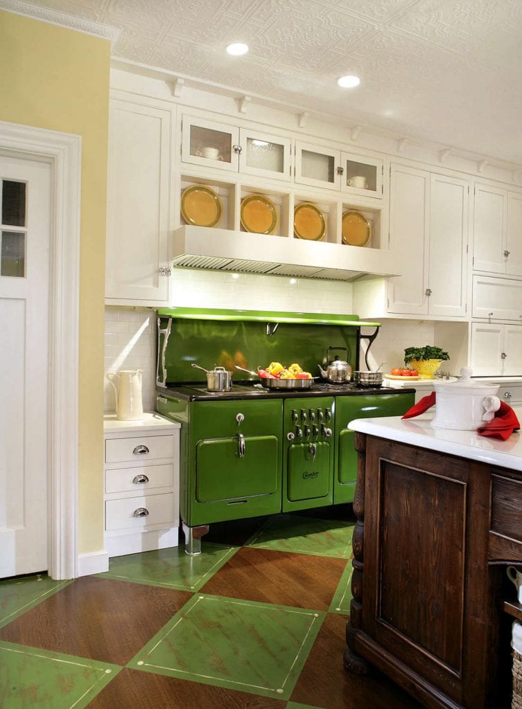 Kitchen features Bright Green Chambers Range with White Cabinetry