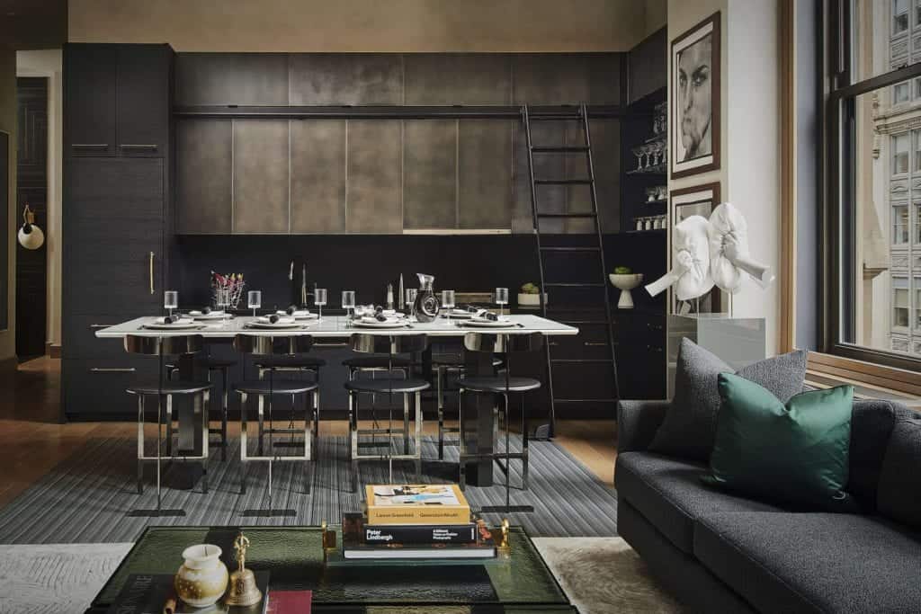 Mix of Metal & Black Cabinets in NYC loft kitchen