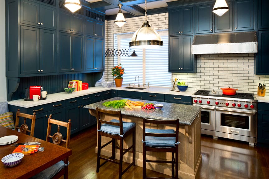 Blue Kitchen with white subway tile