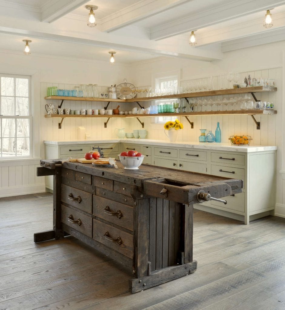 Pale Green Country Kitchen with Old Workbench Island