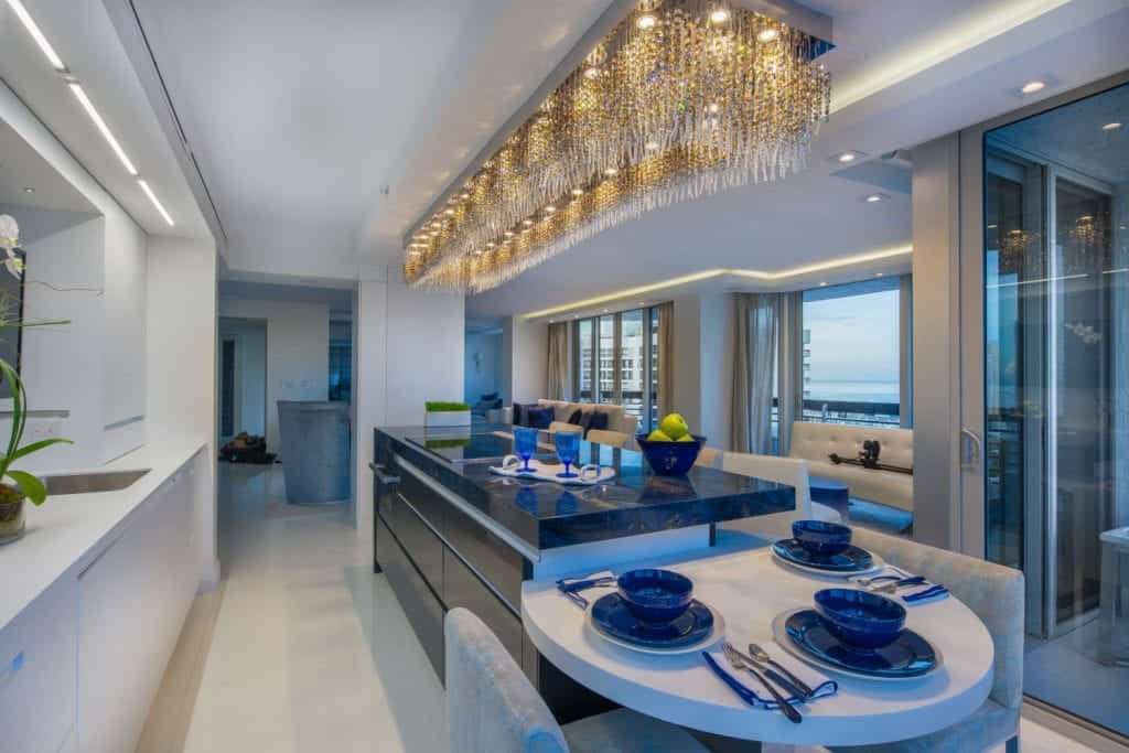 Blue & White Kitchen in Florida features sapphire blue jeweled Galaxy Glass countertop.