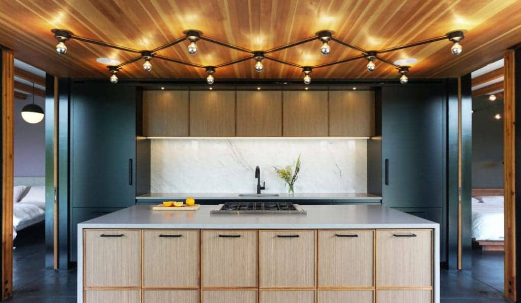 Mid-century modern inspired glass house with Bilotta walnut veneer cabinetry and quartz countertop in concrete.