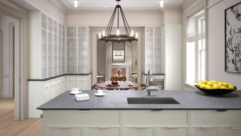 Renovated brownstone condo kitchen features slate topped white Rutt island with storage and finger-pull hardware.