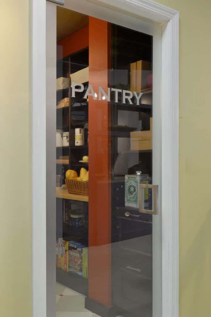 Glass door etched with "Pantry"