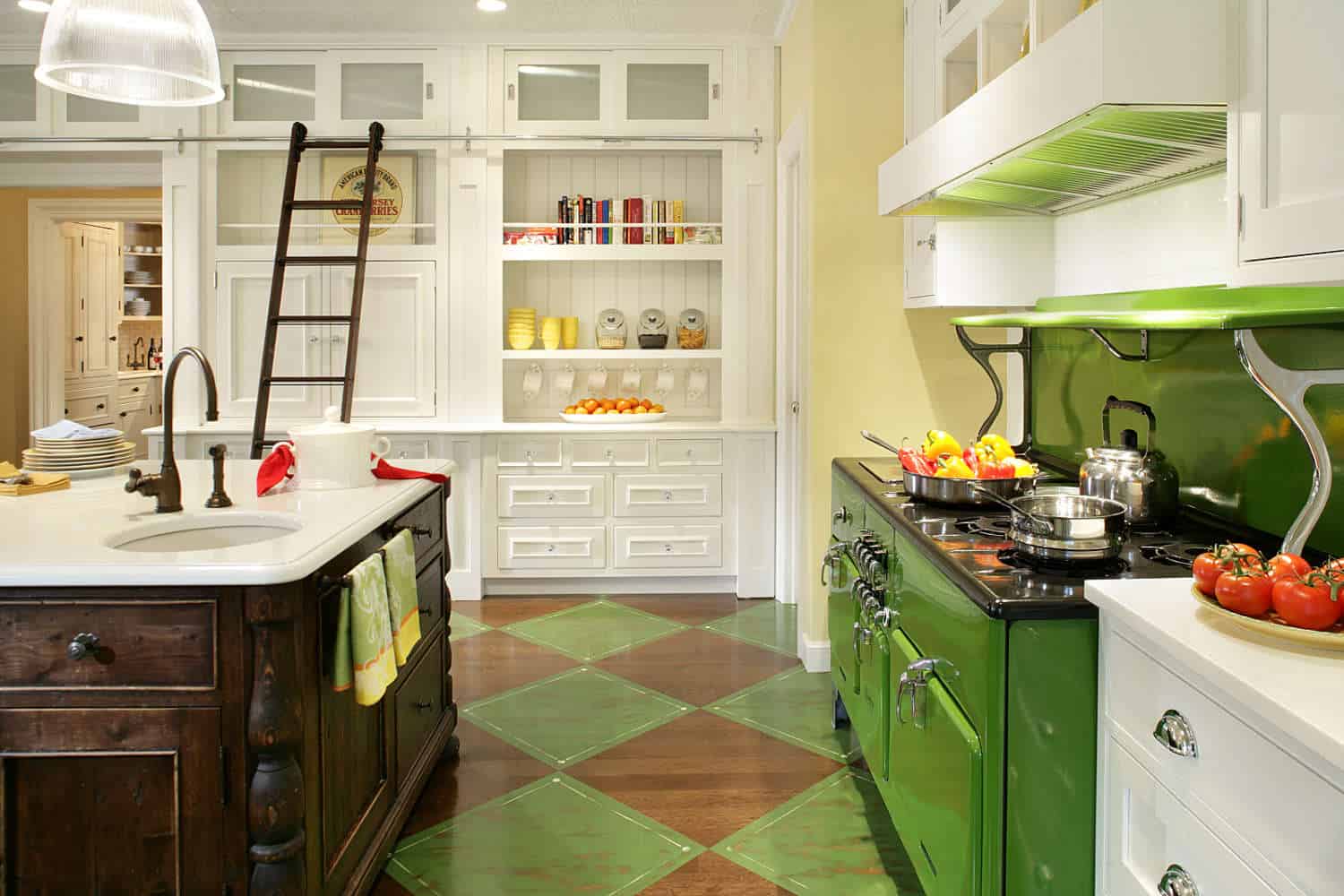 Classic White & Wood Bilotta Kitchen with green and yellow accents