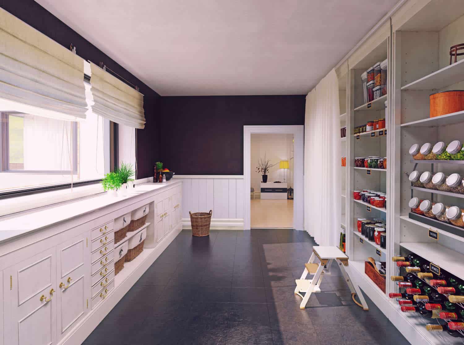 Pantry Storage in a white and plum kitchen