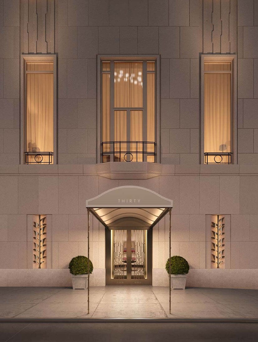 Entrance of 30 Park Place, a luxury NYC multi-unit residential condominium, featuring Bilotta custom kitchens.