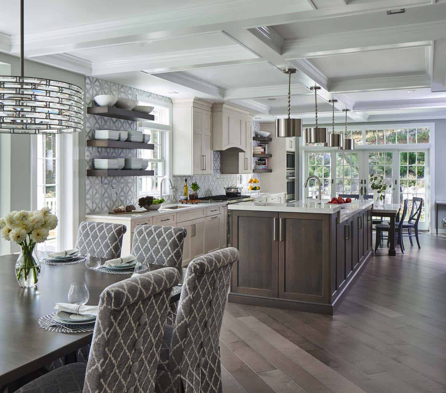 Traditional coffered ceiling kitchen mixes rift cut oak island with portobello stain and soft white glazed cabinets.