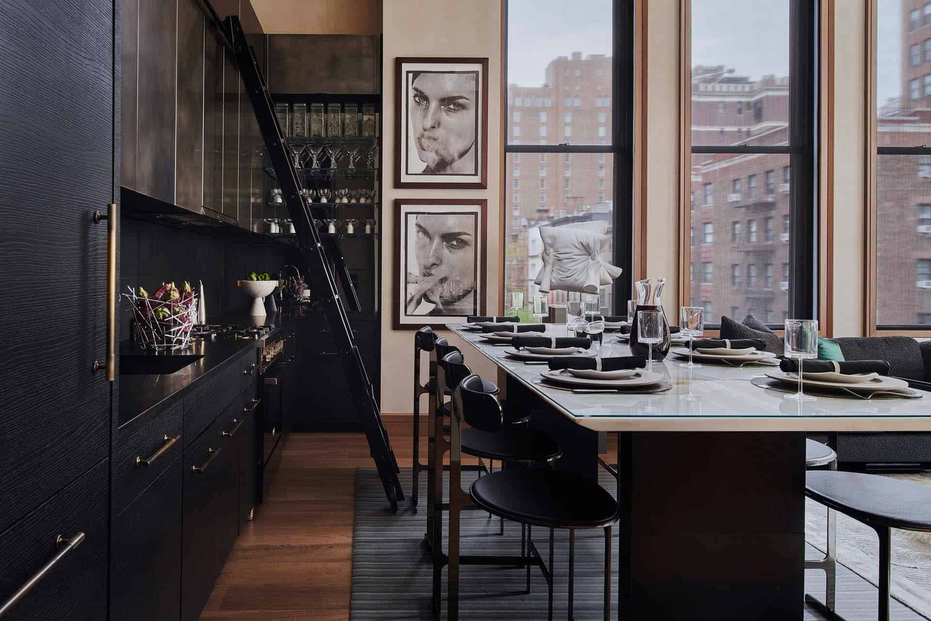 NYC contemporary kitchen contrasts dark finishes and textures with the light flooding in from oversized windows.