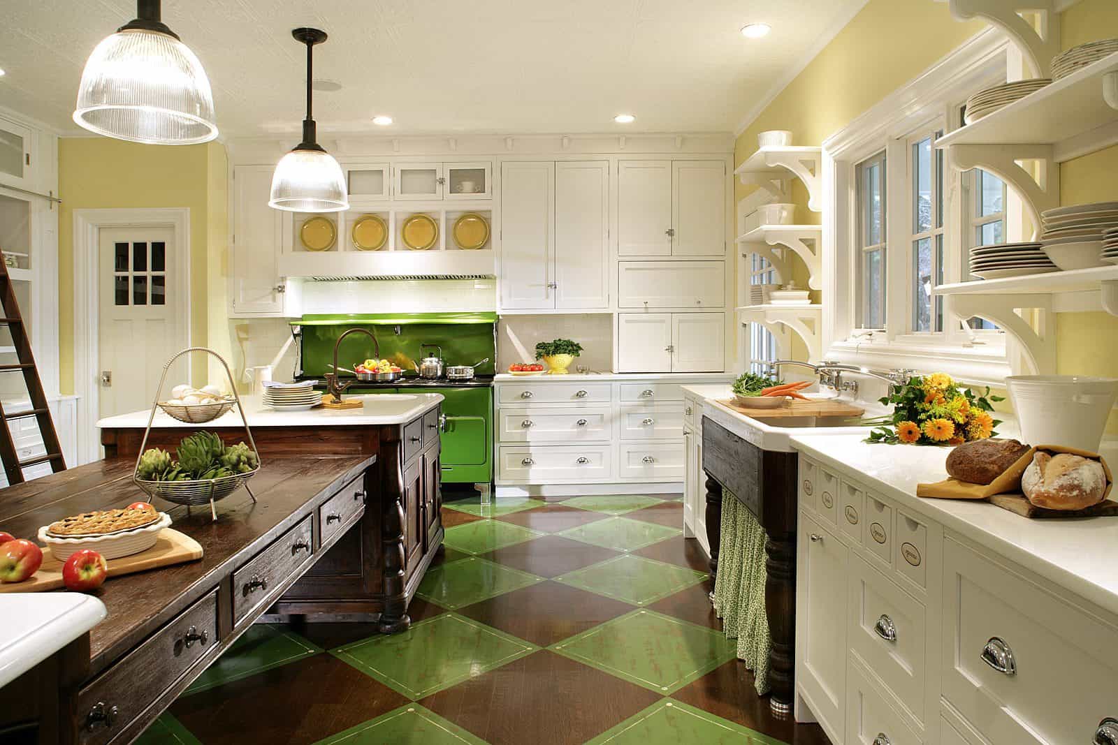Classic White Kitchen with Reclaimed Wood Island and Green and Brown Checkered Floor