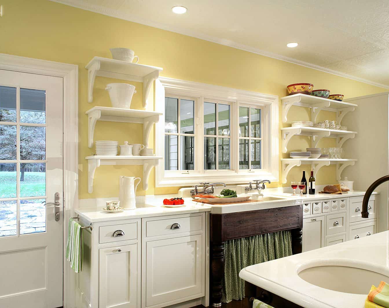 Classic White Kitchen with Reclaimed Wood Sink Base with Fabric Curtain