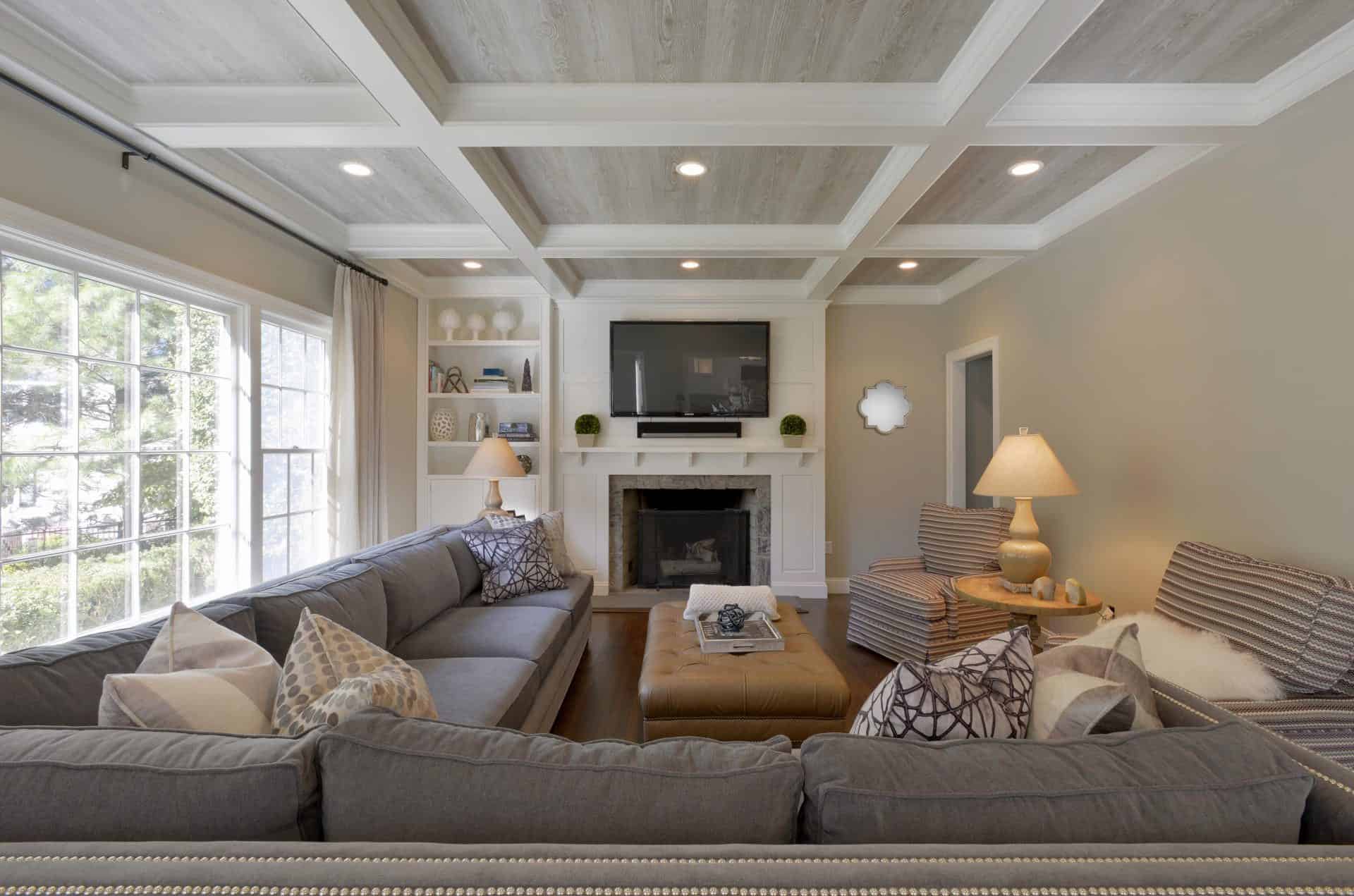 Living Room with Coffered Ceiling with Textured Fabric Inserts