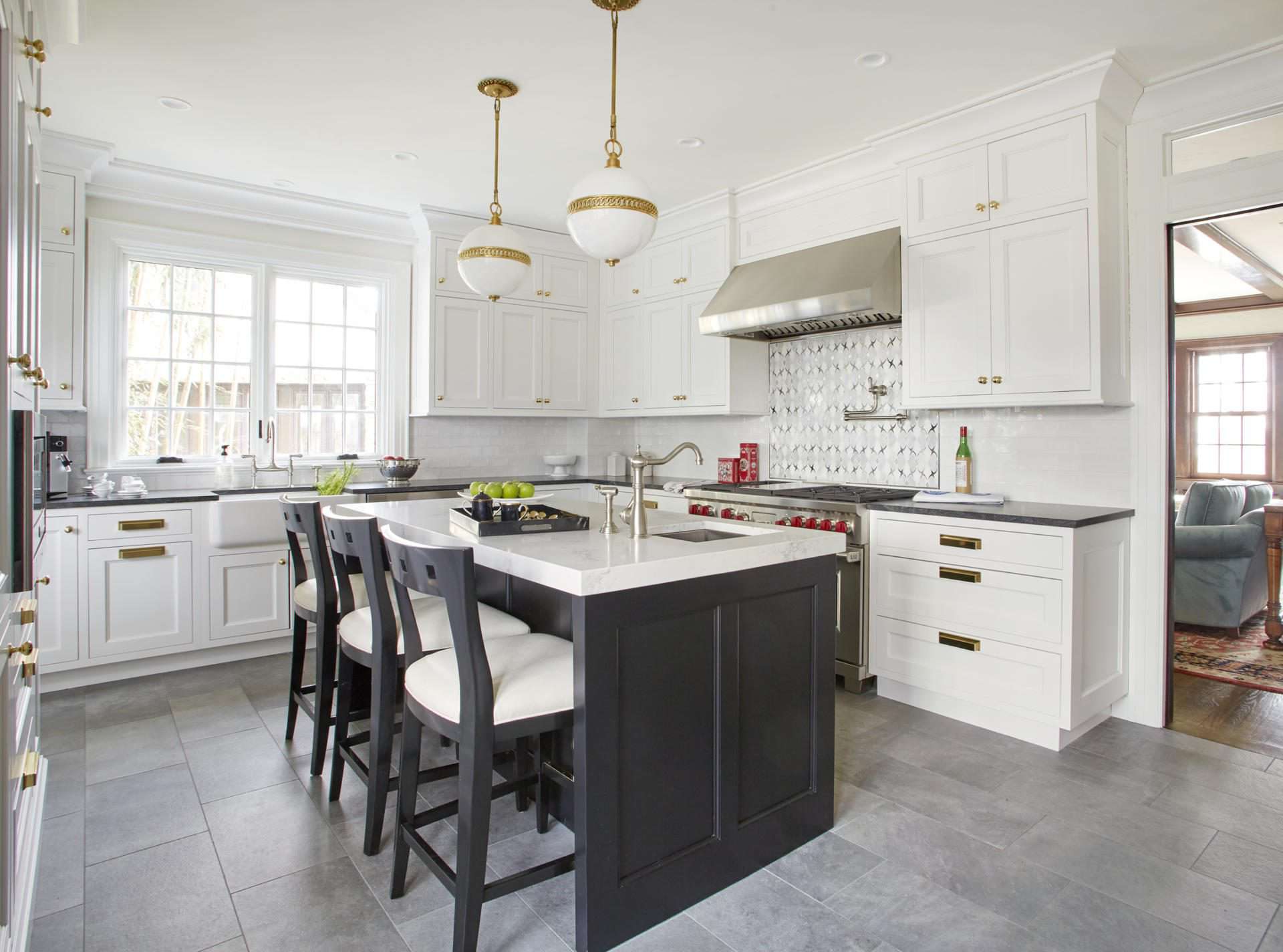Classic White and Black Painted Kitchen with two sinks.
