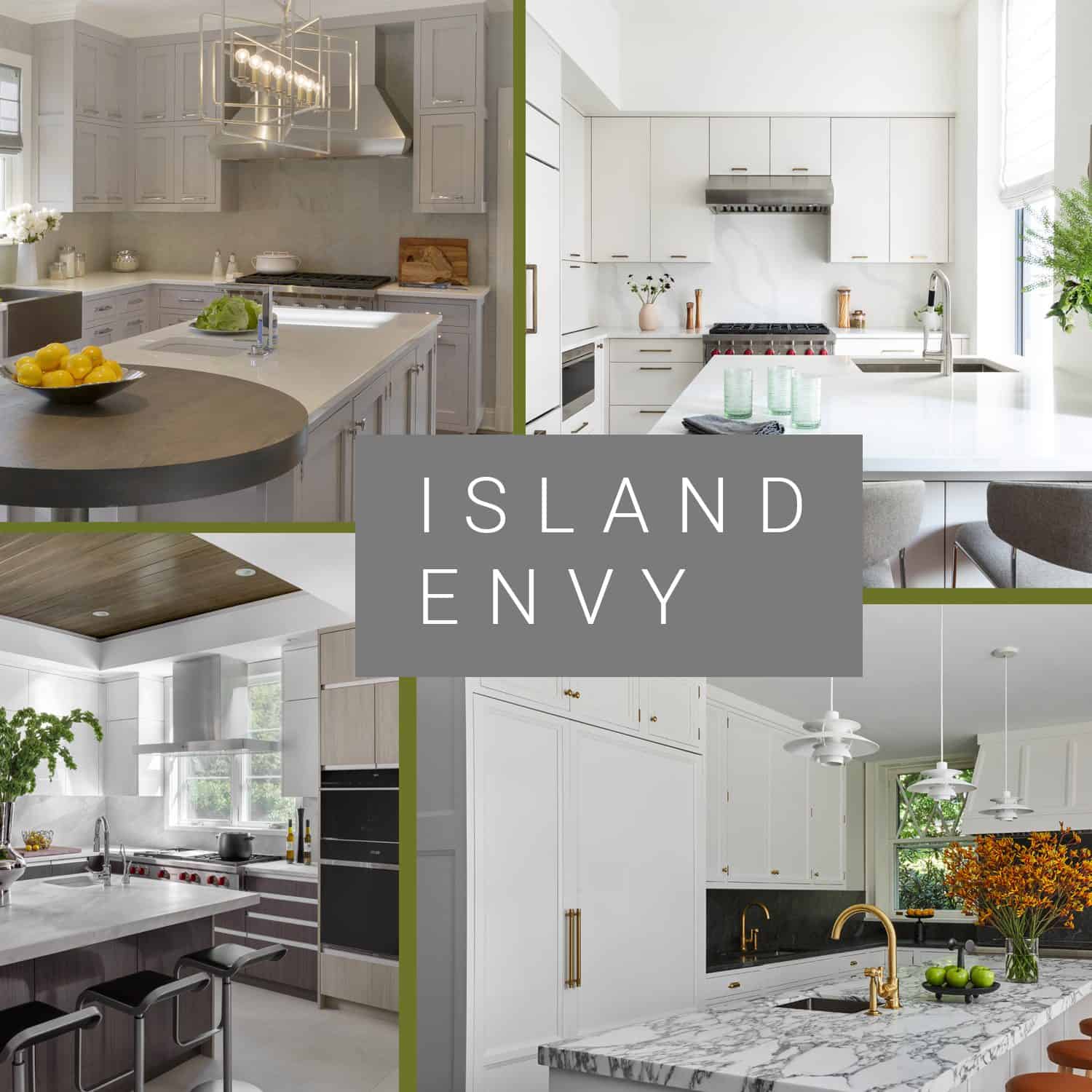 Photo montage of several custom Bilotta kitchens with custom islands. 