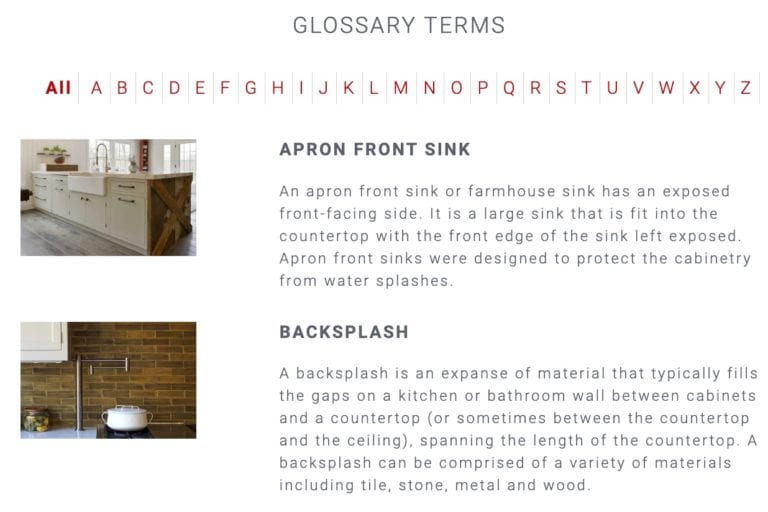 Screenshot of the new glossary by Bilotta Kitchen & Home