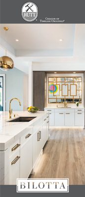 vertical banner showing Rutt and Bilotta logos with a photo of a kitchen with white countertops, white cabinets, and gold hardware