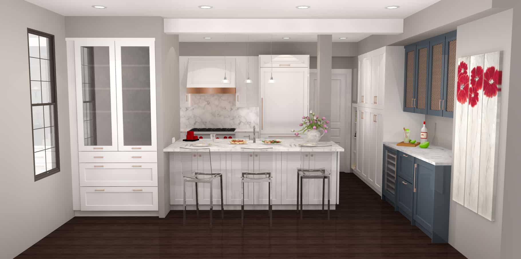 Kitchen with two-toned white and slate blue combination of cabinets