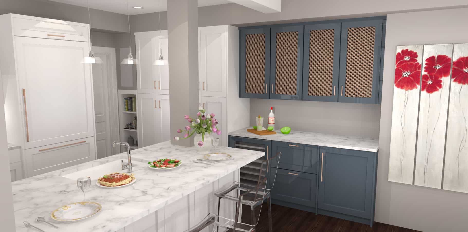 Kitchen with two-toned white with slate blue combination of cabinets