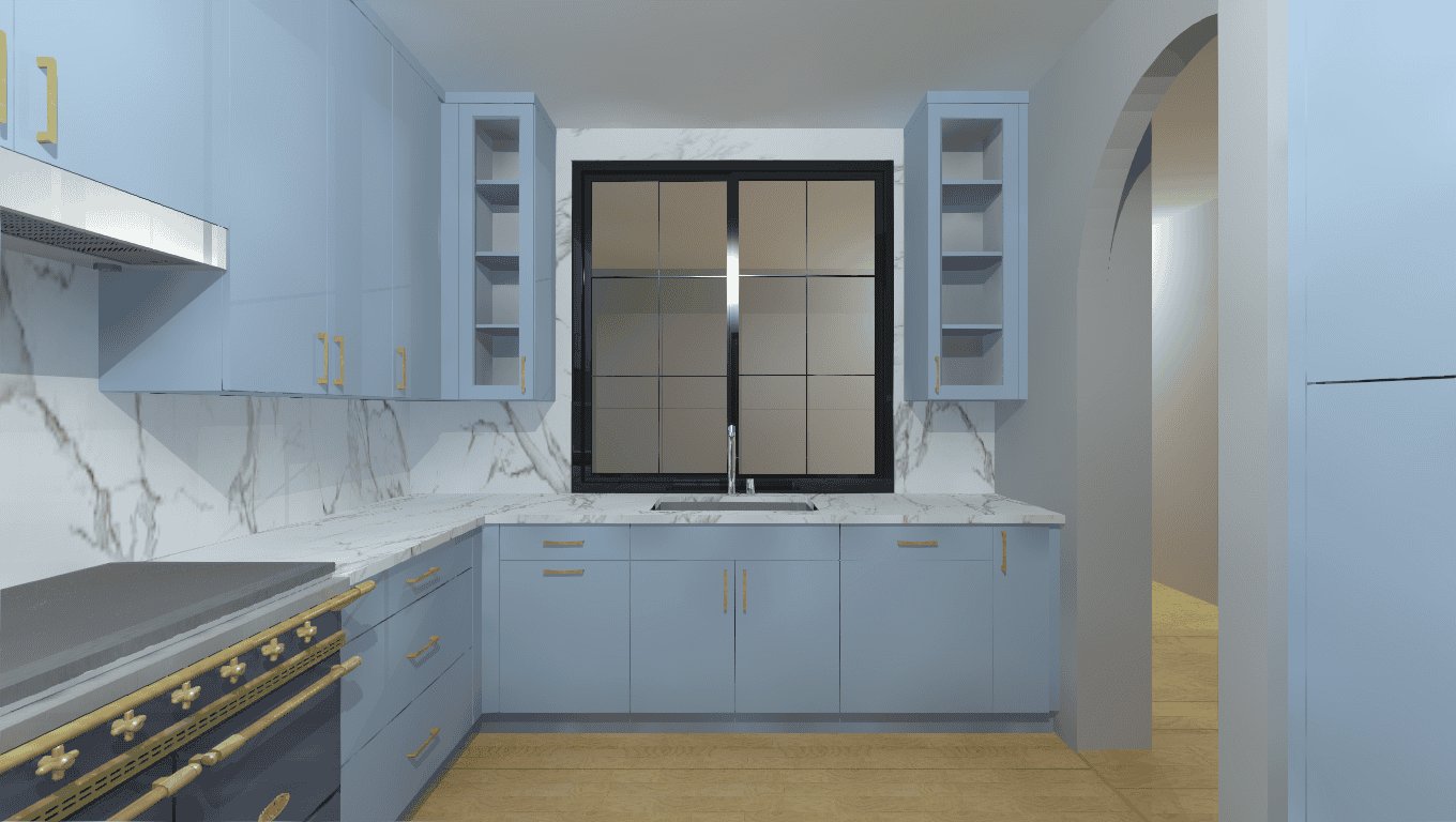 3D rendering of enclosed kitchen with light blue cabinets, some that have window fronts.