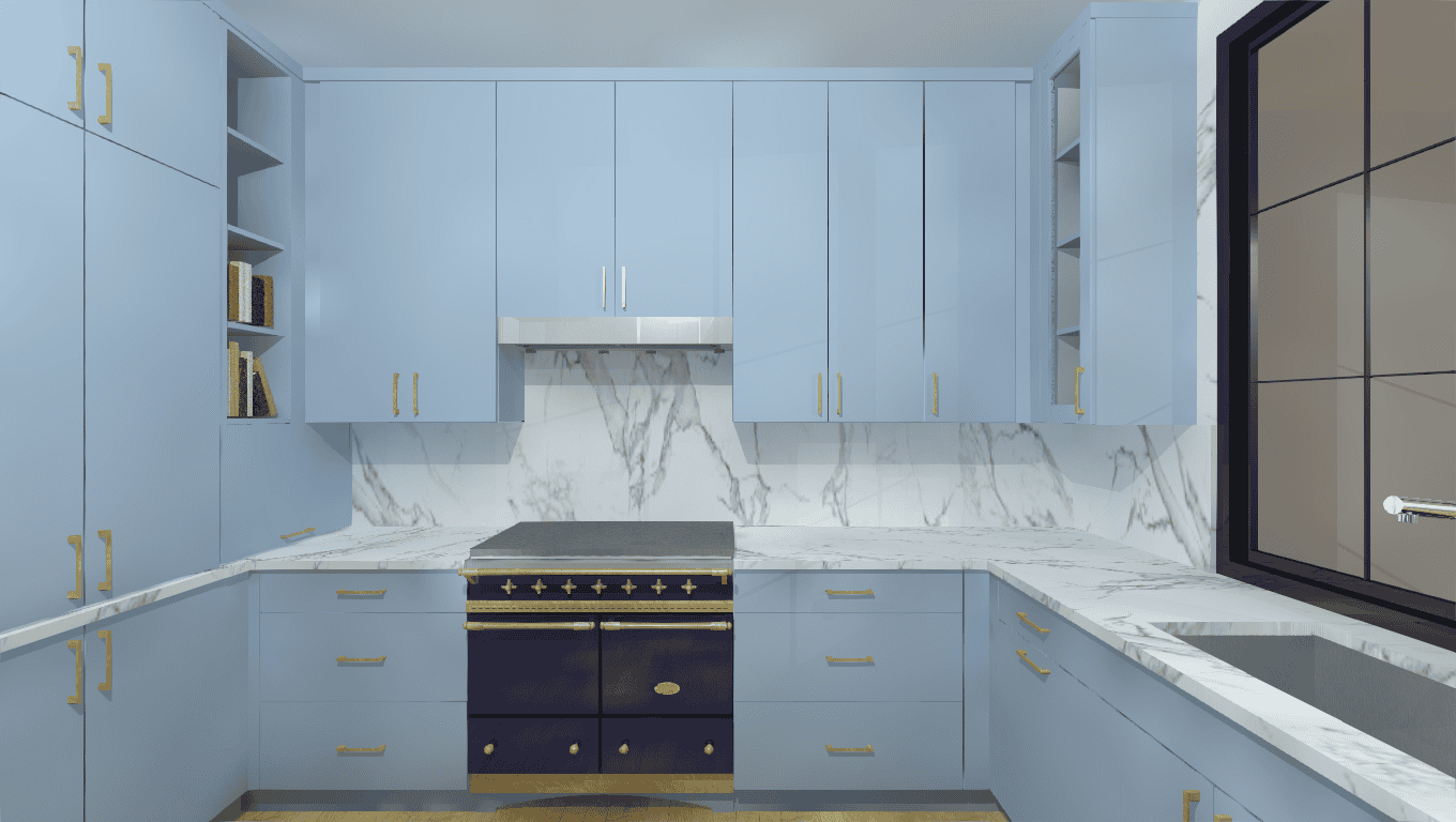 3D rendering of a kitchen with light blue kitchen cabinets